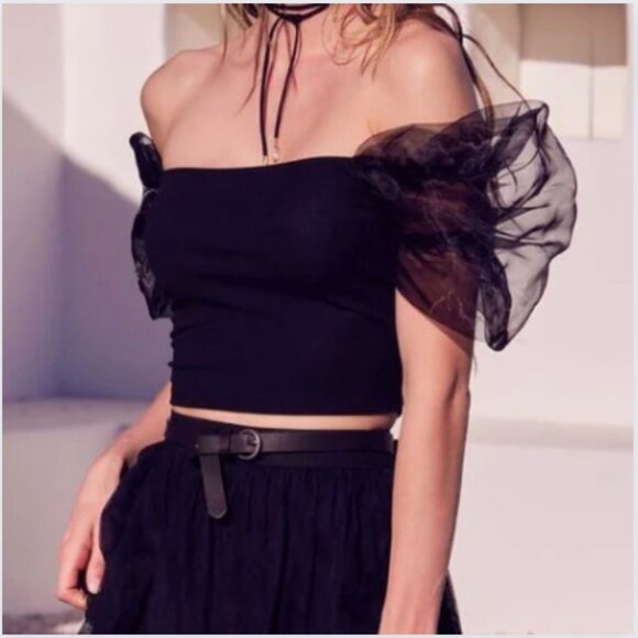 NWOT EXPRESS Feminine Black Off Shoulder Sheer Puff Sleeve Blouse XS Stretch Top - Picture 5 of 16